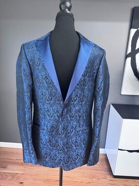 Paul Morrell Blue Paisley Blazer Mens Medium Satin Trim Tuxedo Jacket Elegant